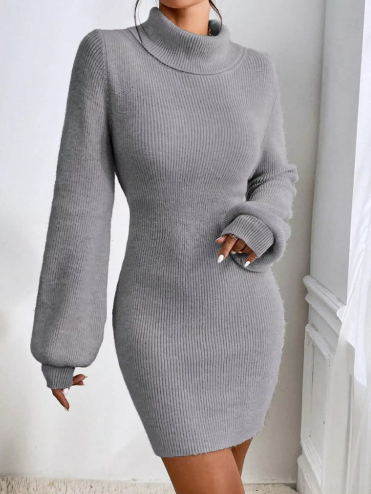 Turtleneck Ribbed Knit Sweater Dress