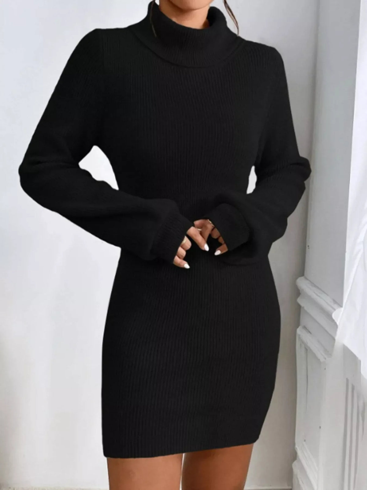 Turtleneck Ribbed Knit Sweater Dress