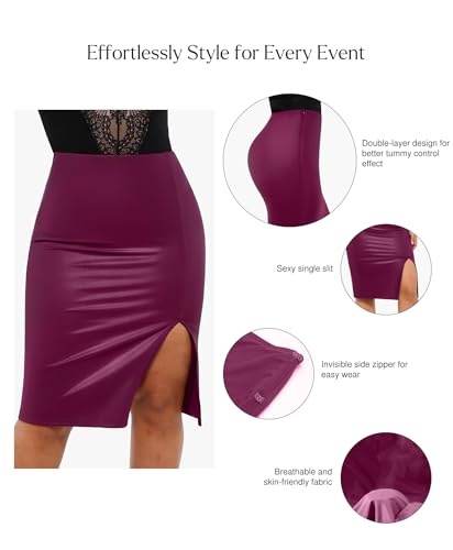 Popilush Shapewear Faux Leather Skirts with Built in Shapewear Tummy Control High Waist Midi Skirt with Shaper for Women