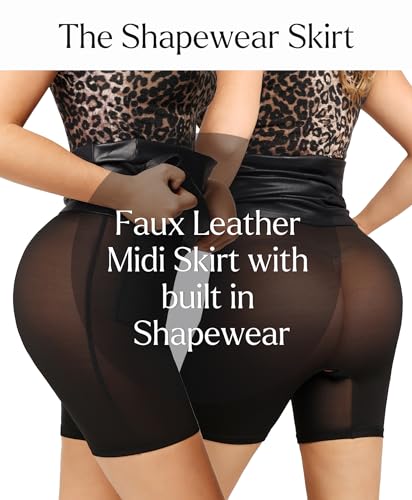 Popilush Shapewear Faux Leather Skirts with Built in Shapewear Tummy Control High Waist Mini Skirt with Shaper for Women