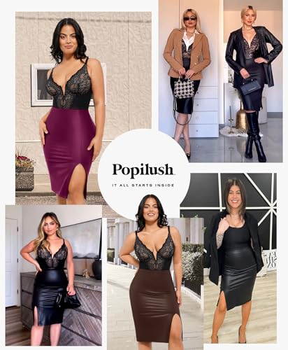 Popilush Shapewear Faux Leather Skirts with Built in Shapewear Tummy Control High Waist Midi Skirt with Shaper for Women