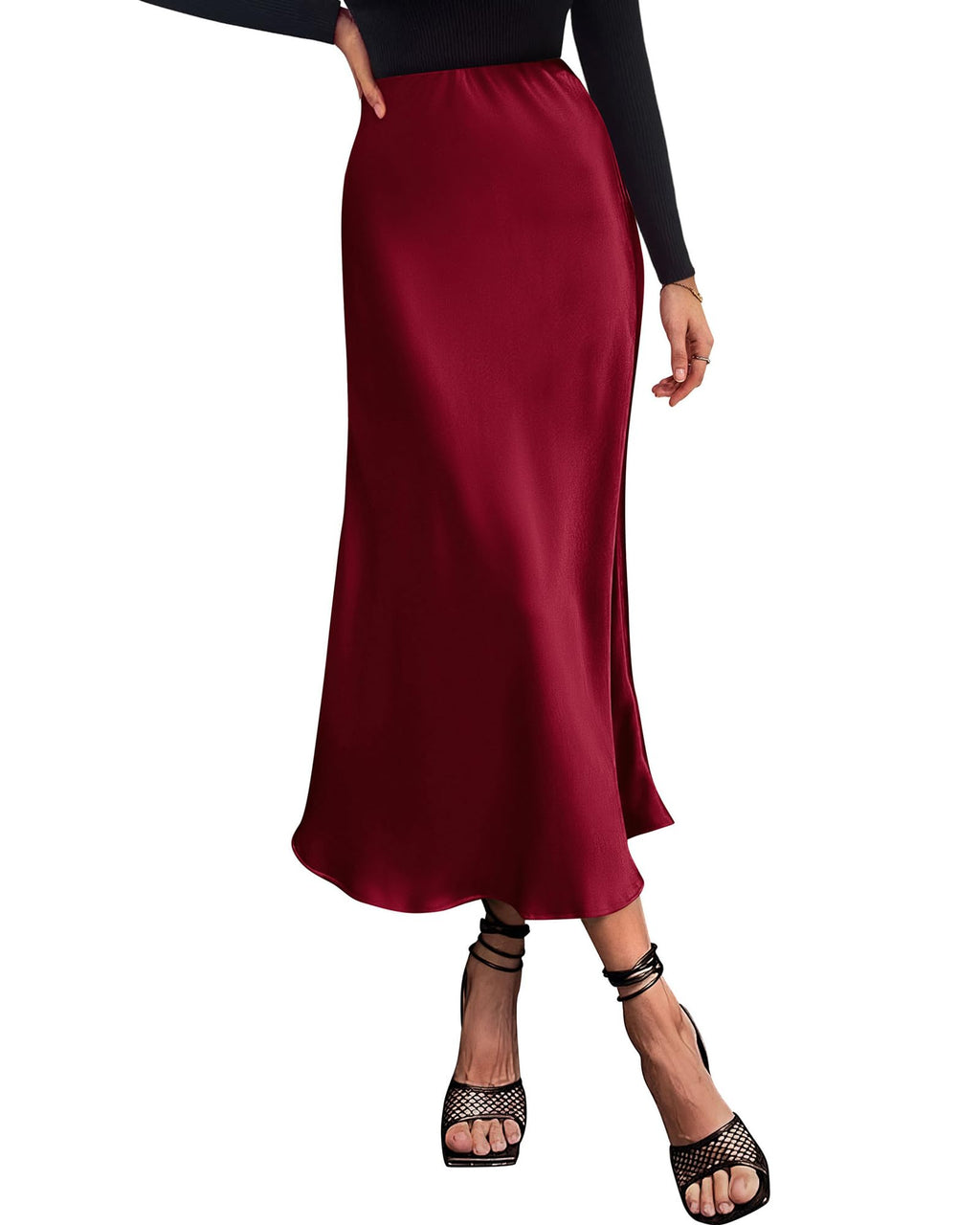 Women's High Waist Satin Midi Skirt - Elegant A-Line Flowy Party Wedding Skirt