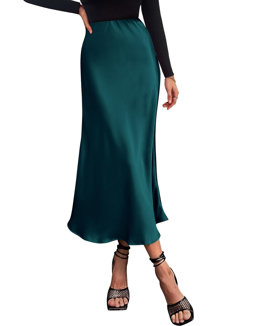 Women's High Waist Satin Midi Skirt - Elegant A-Line Flowy Party Wedding Skirt