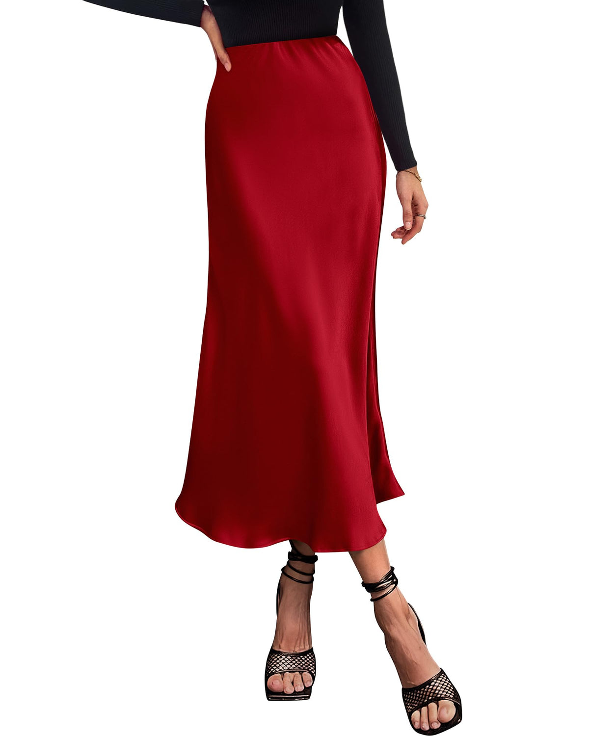 Women's High Waist Satin Midi Skirt - Elegant A-Line Flowy Party Wedding Skirt