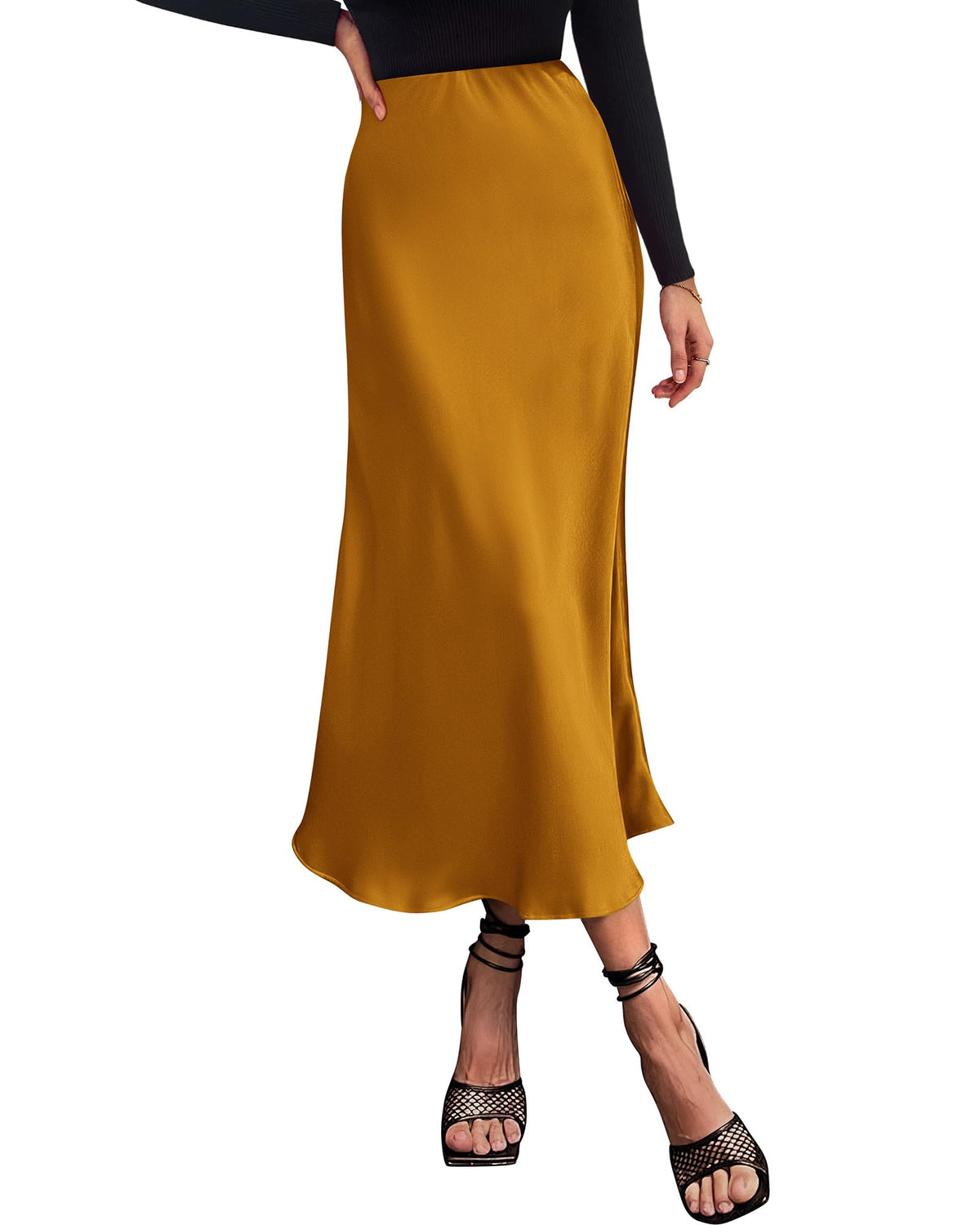 Women's High Waist Satin Midi Skirt - Elegant A-Line Flowy Party Wedding Skirt