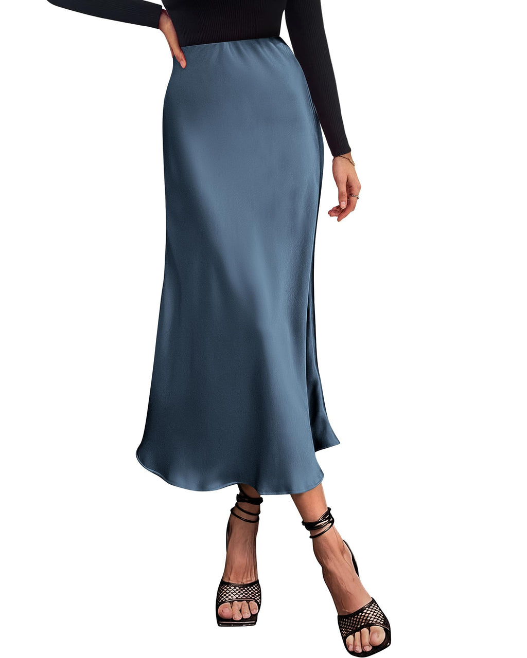 Women's High Waist Satin Midi Skirt - Elegant A-Line Flowy Party Wedding Skirt