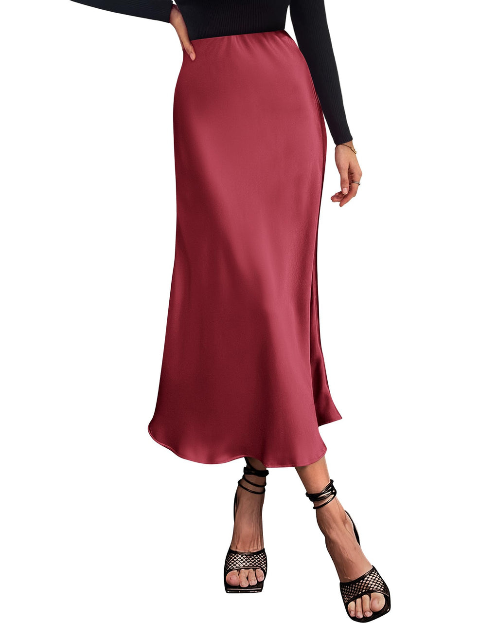 Women's High Waist Satin Midi Skirt - Elegant A-Line Flowy Party Wedding Skirt
