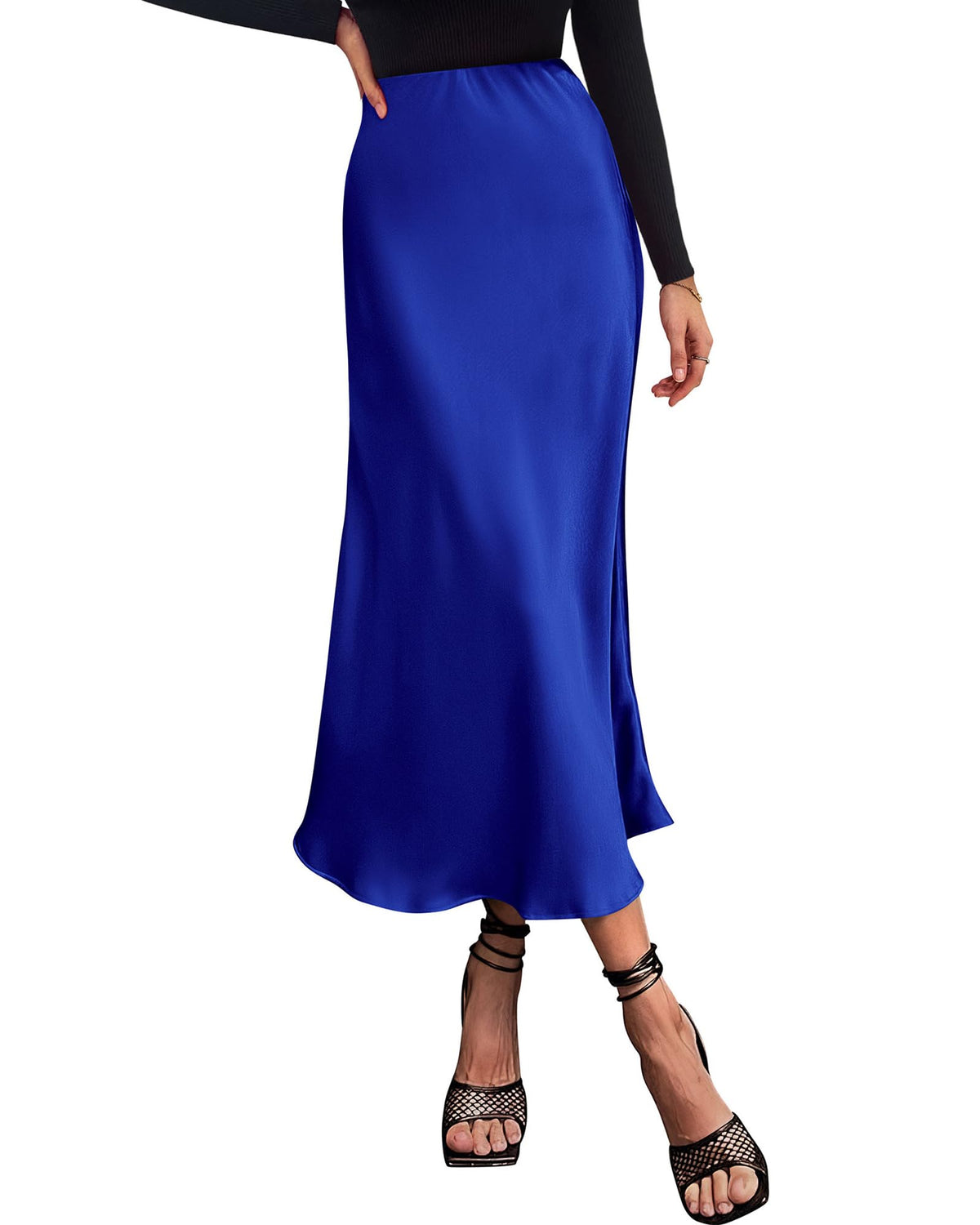 Women's High Waist Satin Midi Skirt - Elegant A-Line Flowy Party Wedding Skirt