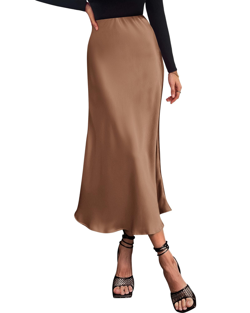 Women's High Waist Satin Midi Skirt - Elegant A-Line Flowy Party Wedding Skirt