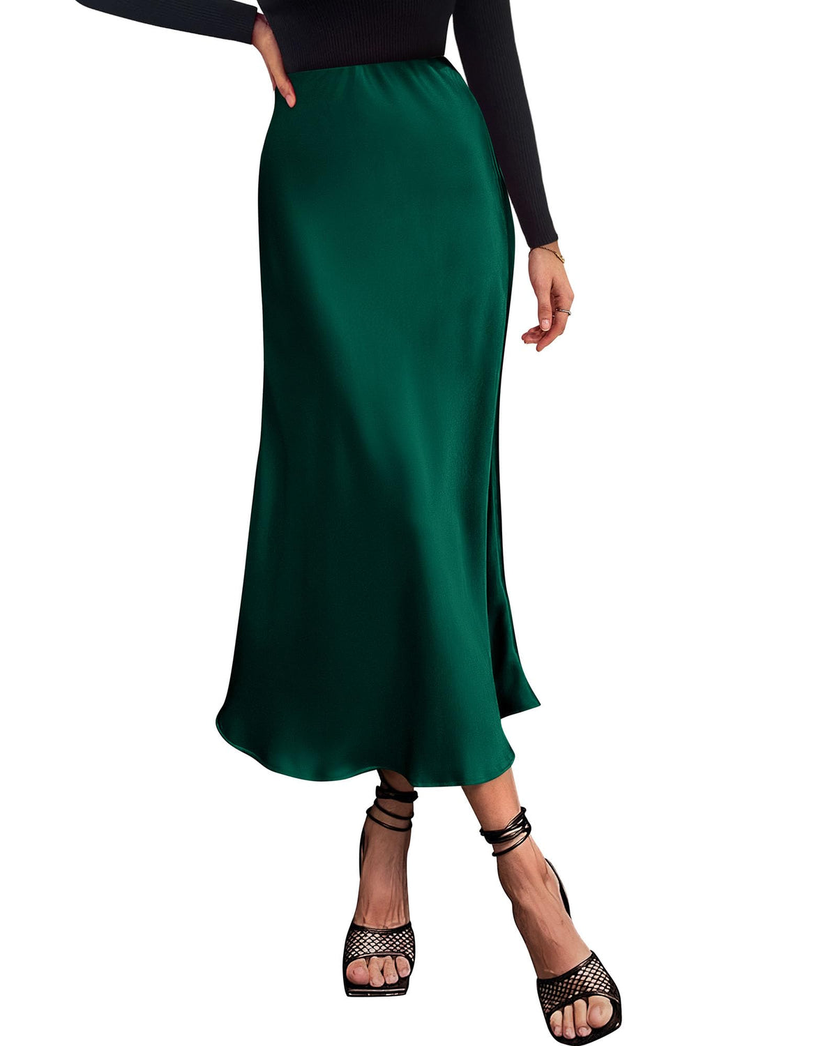 Women's High Waist Satin Midi Skirt - Elegant A-Line Flowy Party Wedding Skirt