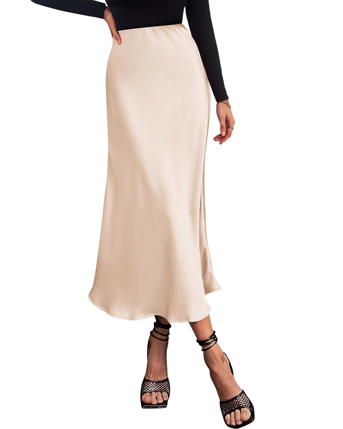 Women's High Waist Satin Midi Skirt - Elegant A-Line Flowy Party Wedding Skirt