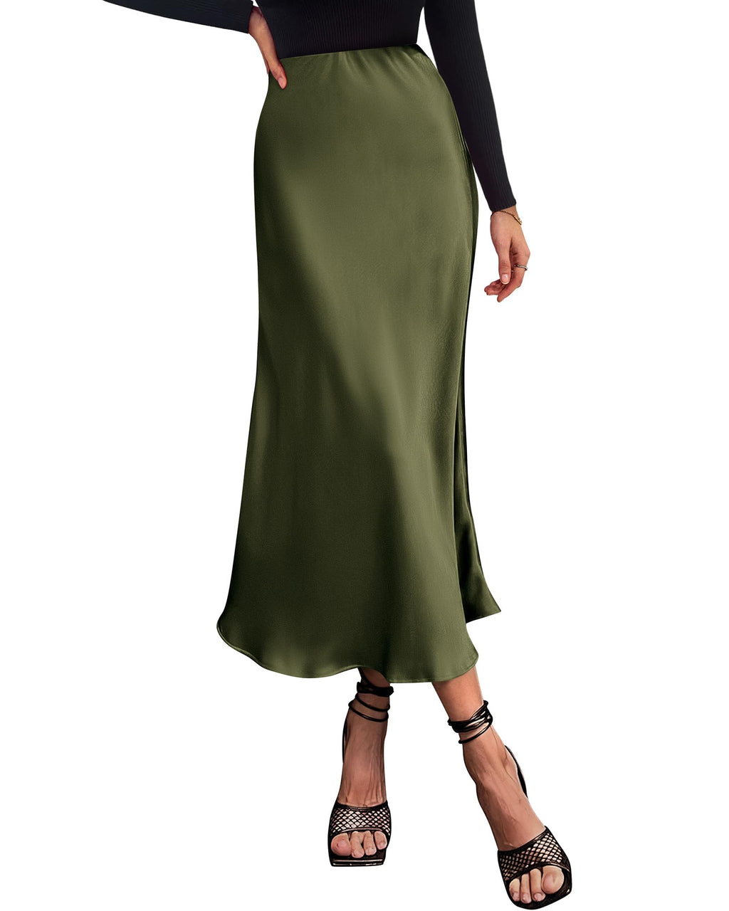 Women's High Waist Satin Midi Skirt - Elegant A-Line Flowy Party Wedding Skirt