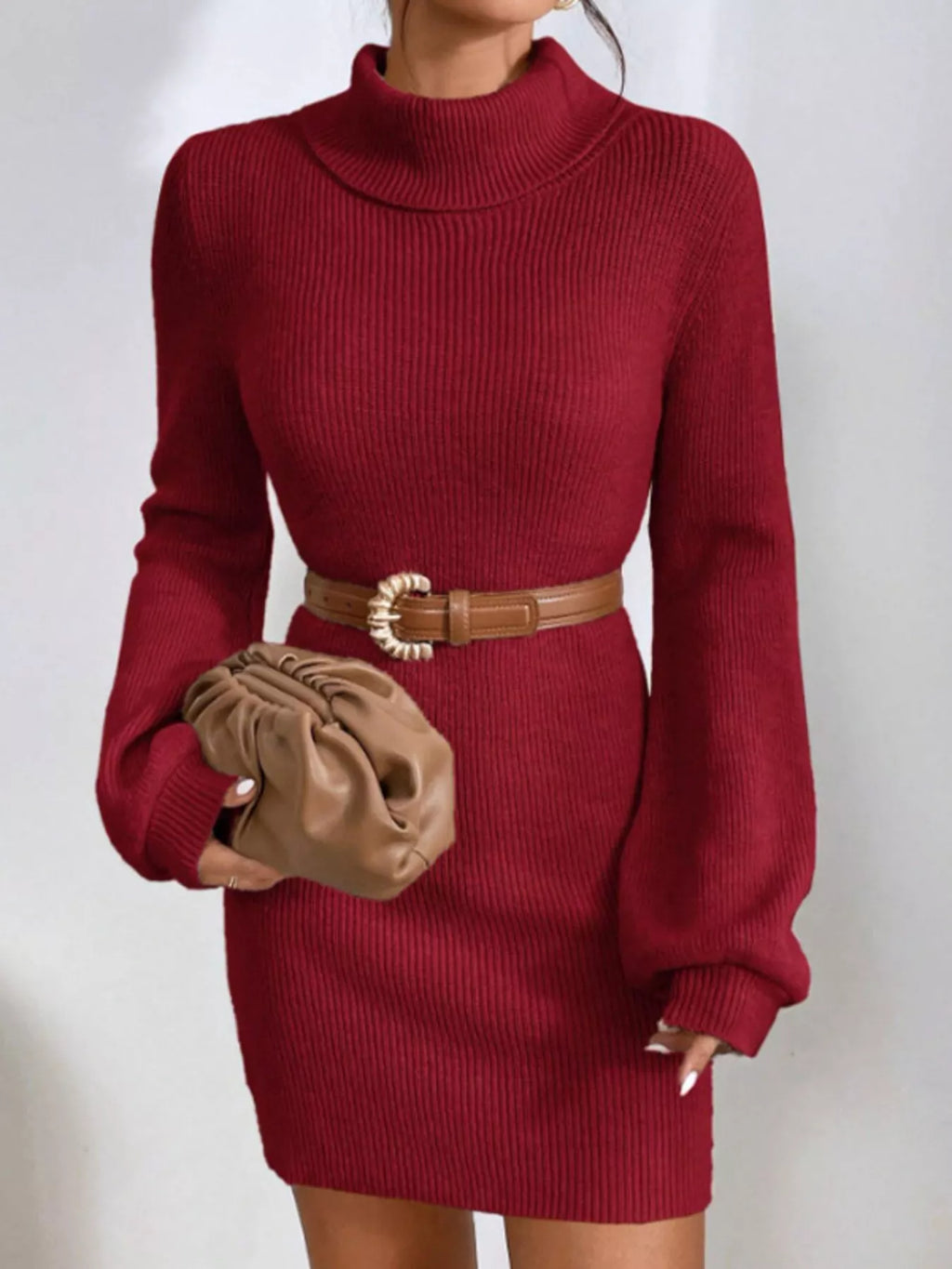 Turtleneck Ribbed Knit Sweater Dress