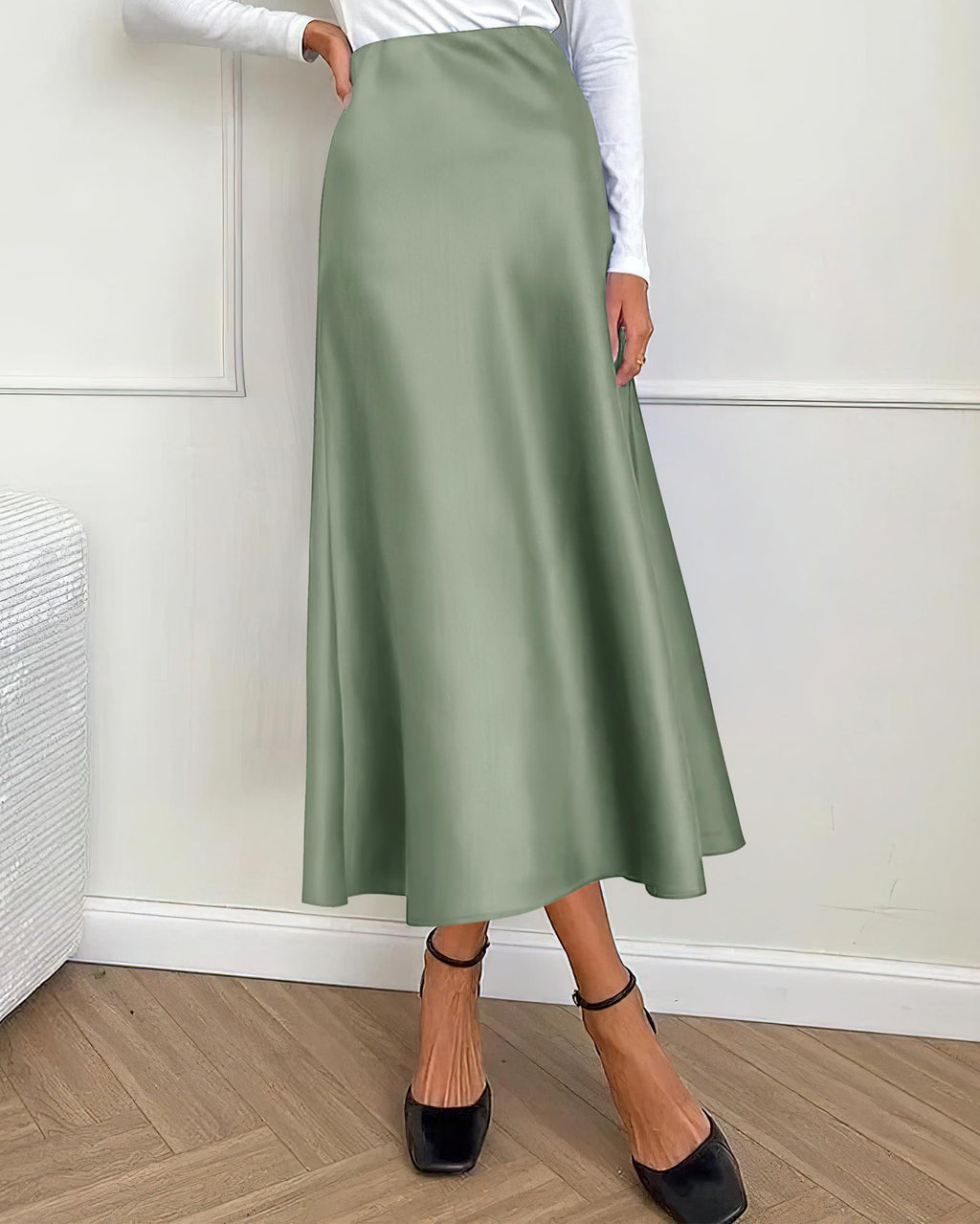 Women's High Waist Satin Midi Skirt - Elegant A-Line Flowy Party Wedding Skirt
