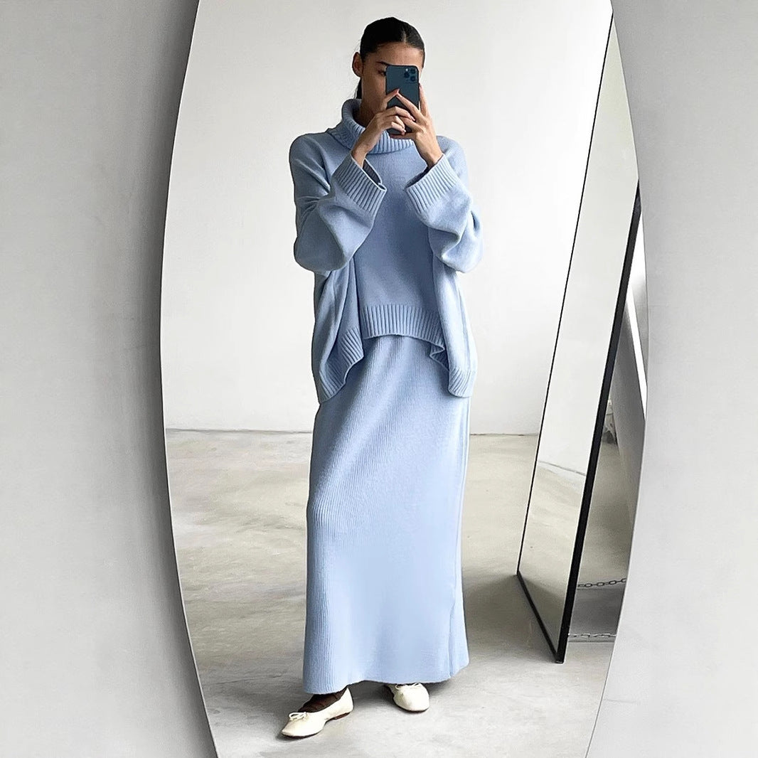 Turtleneck Sweater Skirt Set Women Autumn Winter Loose Knitted Two Piece Sweater Set Women