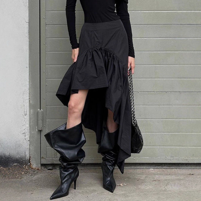 Fall Design High Waist Open Leg Layered Ruffled Cotton Irregular Asymmetric Skirt for Women