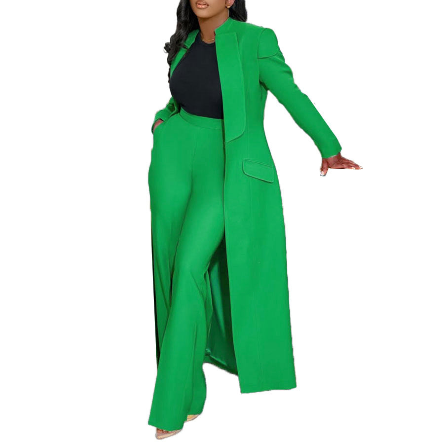 Women Solid Color Polo Collar Long Two Piece Set