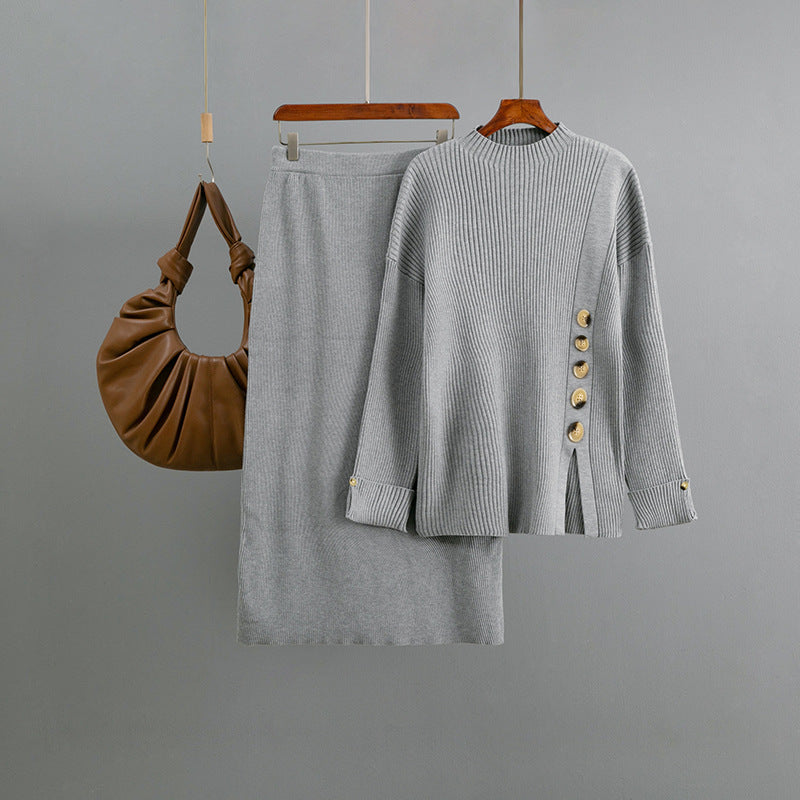 Women Autumn Winter Side Slit Fastener Decoration Sweater Skirt Two Piece Sets