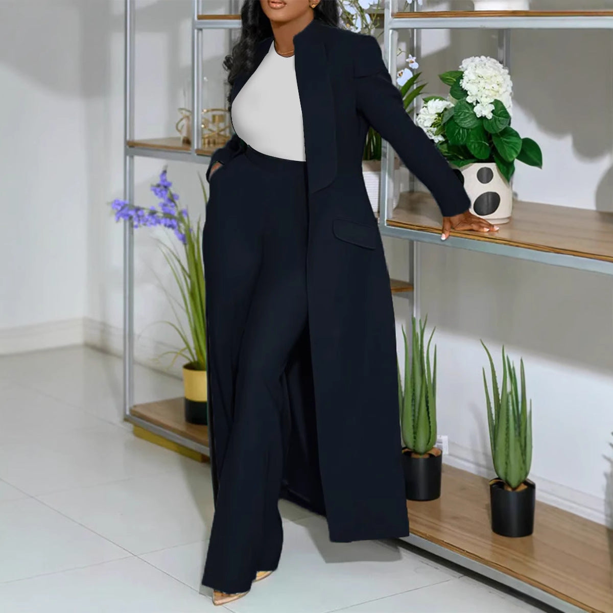 Women Solid Color Polo Collar Long Two Piece Set
