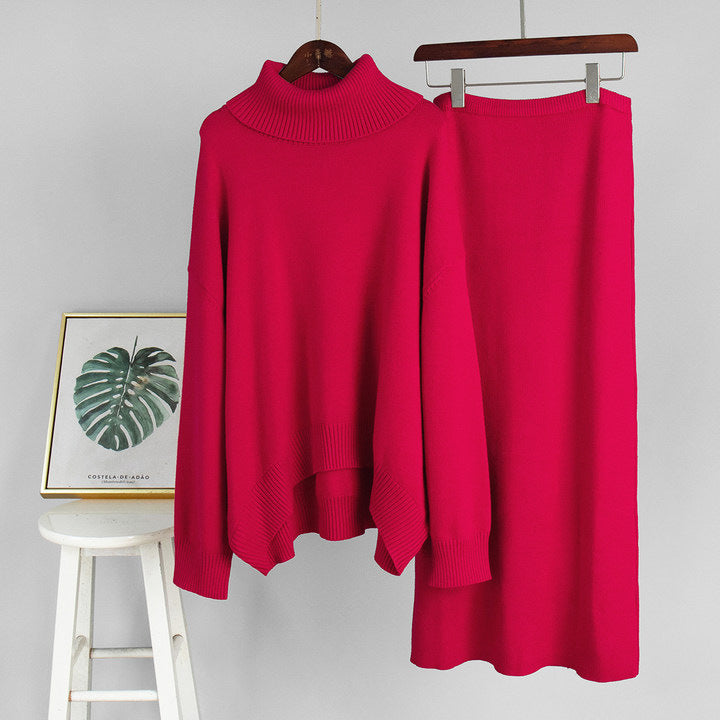Turtleneck Sweater Skirt Set Women Autumn Winter Loose Knitted Two Piece Sweater Set Women