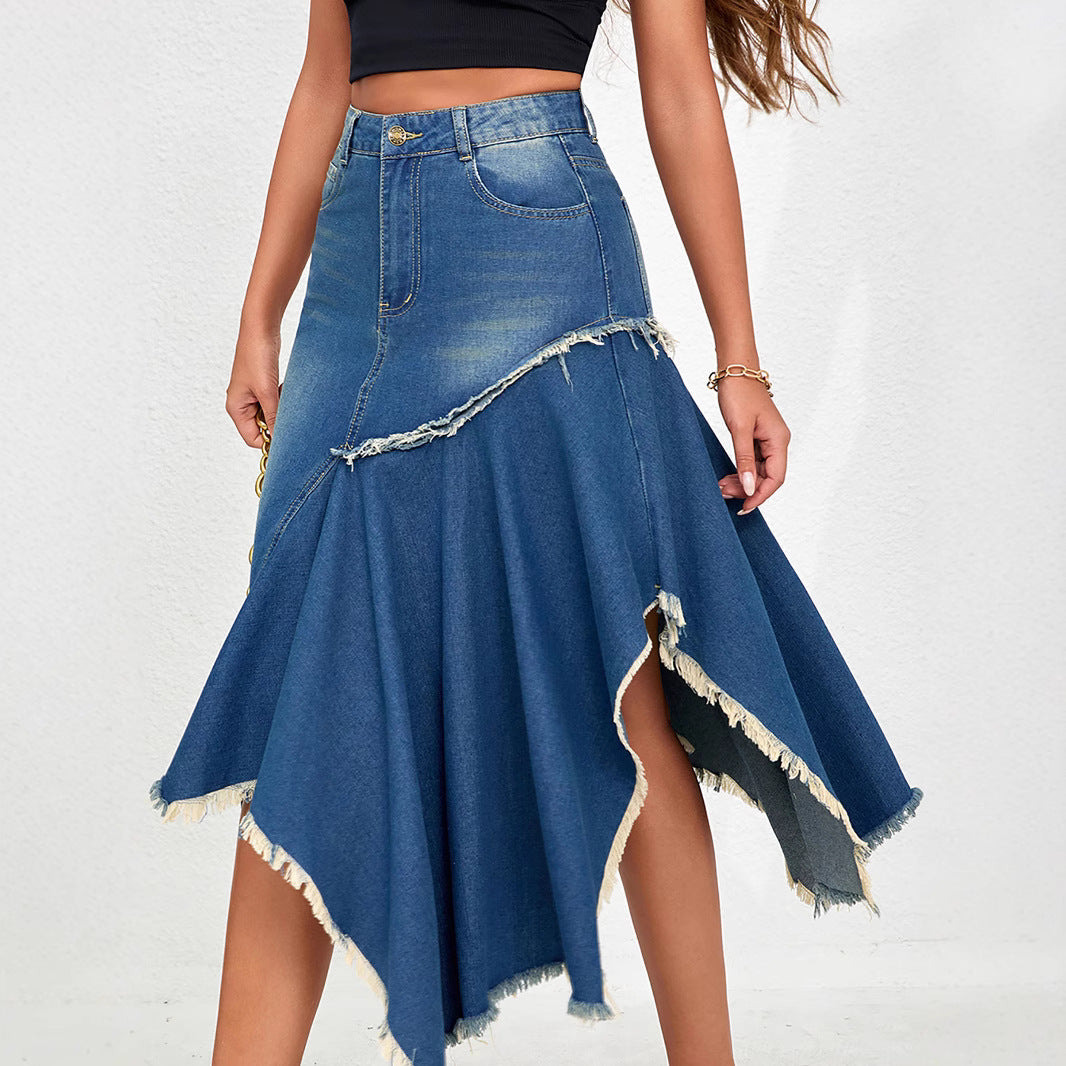 Stitching Irregular Asymmetric Women Asymmetric Hem Large Denim A Line Skirt