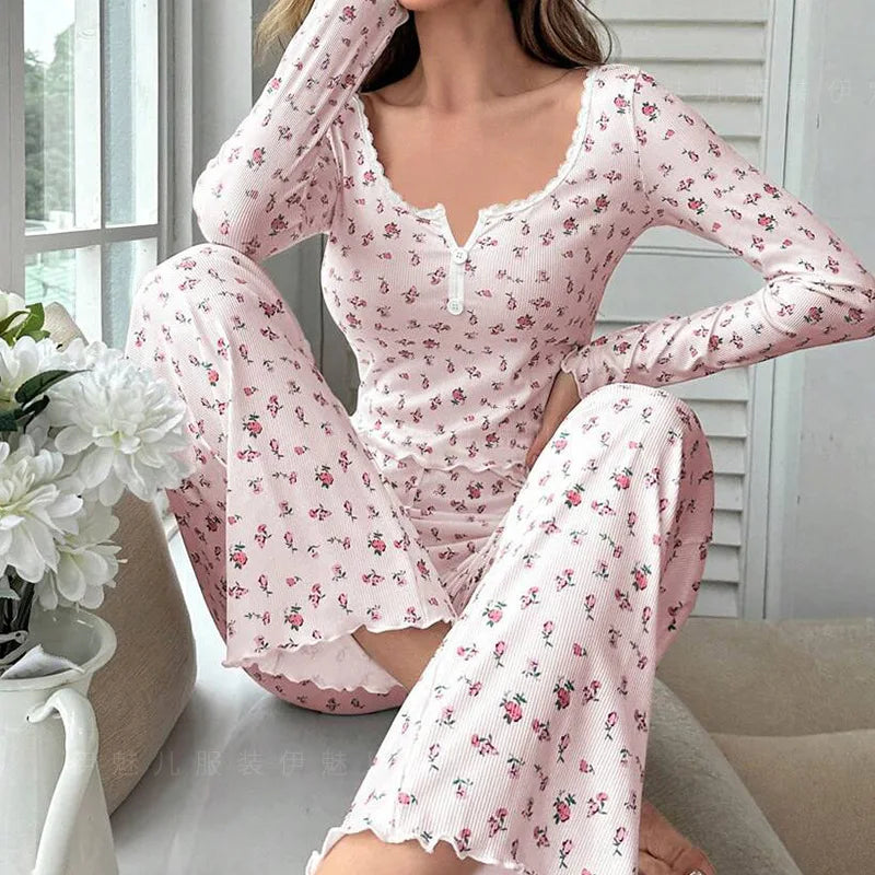 New Women Soft Comfortable sexy Floral Print Pajama Set Long Sleeve Top and Pants Loungewear Sleepwear Two Piece Set Homewear