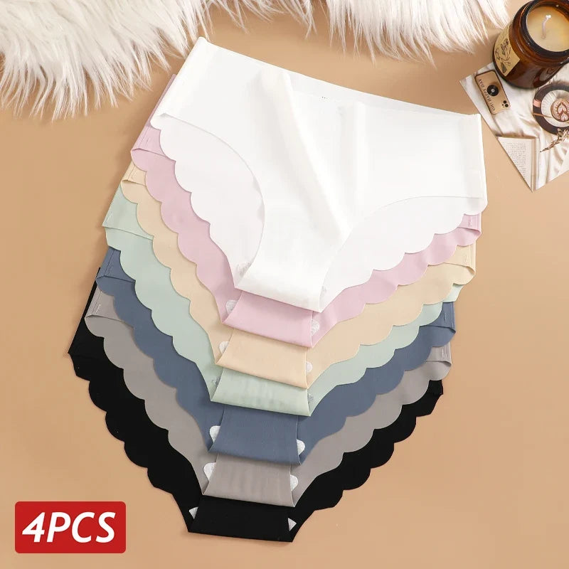 Ice Silk Seamless Panties 4PCS/Set Women's Briefs Solid Color Elastic Underwear Female Ultra Thin No Trace Wavy Side Panties
