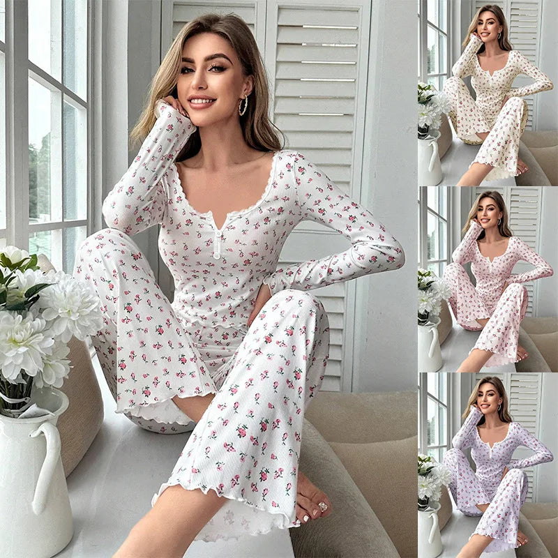 New Women Soft Comfortable sexy Floral Print Pajama Set Long Sleeve Top and Pants Loungewear Sleepwear Two Piece Set Homewear