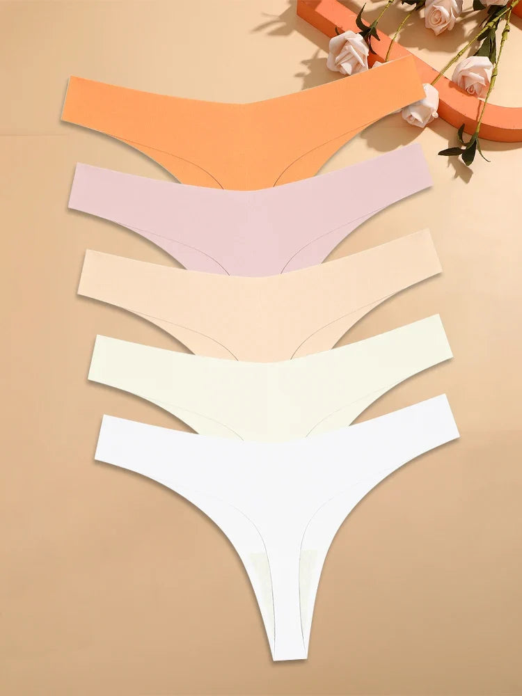 5Pcs Ice Silk Seamless Thongs Women's V-Waist Solid Color Panties Sexy Breathable Low Rise Underwear Invisible Bikini Lingerie