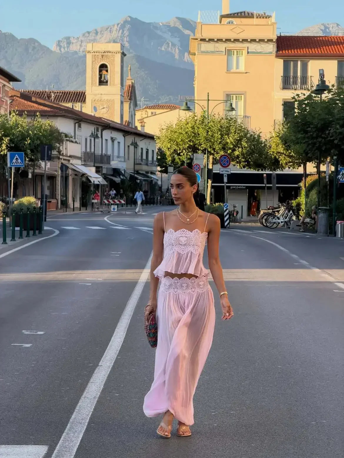 Women's Floral Lace Sheer Tiered Skirt Set 2026 Summer Spaghetti Strap Ruffle Crop Top High Waist Maxi Beach 2 Piece Dress