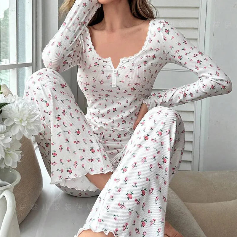 New Women Soft Comfortable sexy Floral Print Pajama Set Long Sleeve Top and Pants Loungewear Sleepwear Two Piece Set Homewear