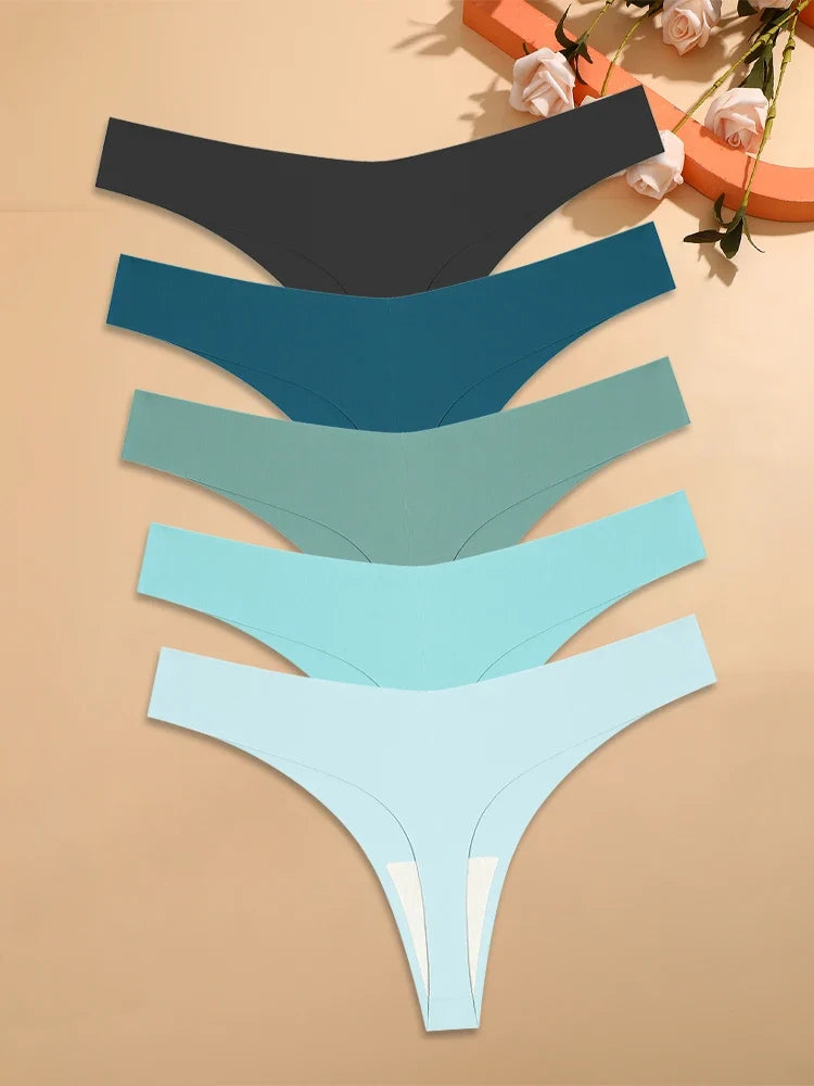 5Pcs Ice Silk Seamless Thongs Women's V-Waist Solid Color Panties Sexy Breathable Low Rise Underwear Invisible Bikini Lingerie