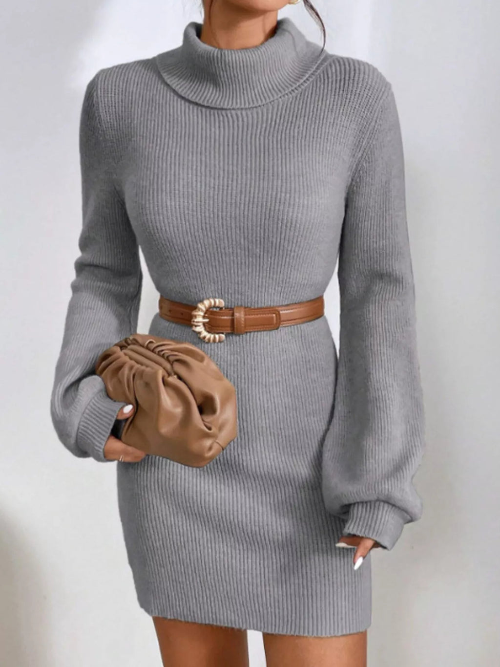 Turtleneck Ribbed Knit Sweater Dress