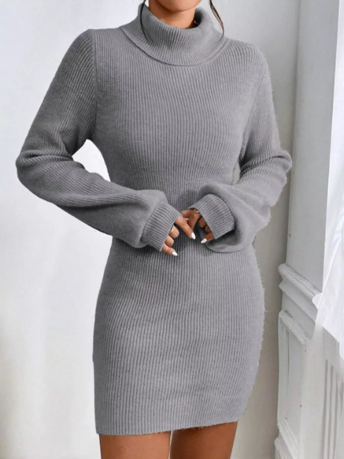 Turtleneck Ribbed Knit Sweater Dress