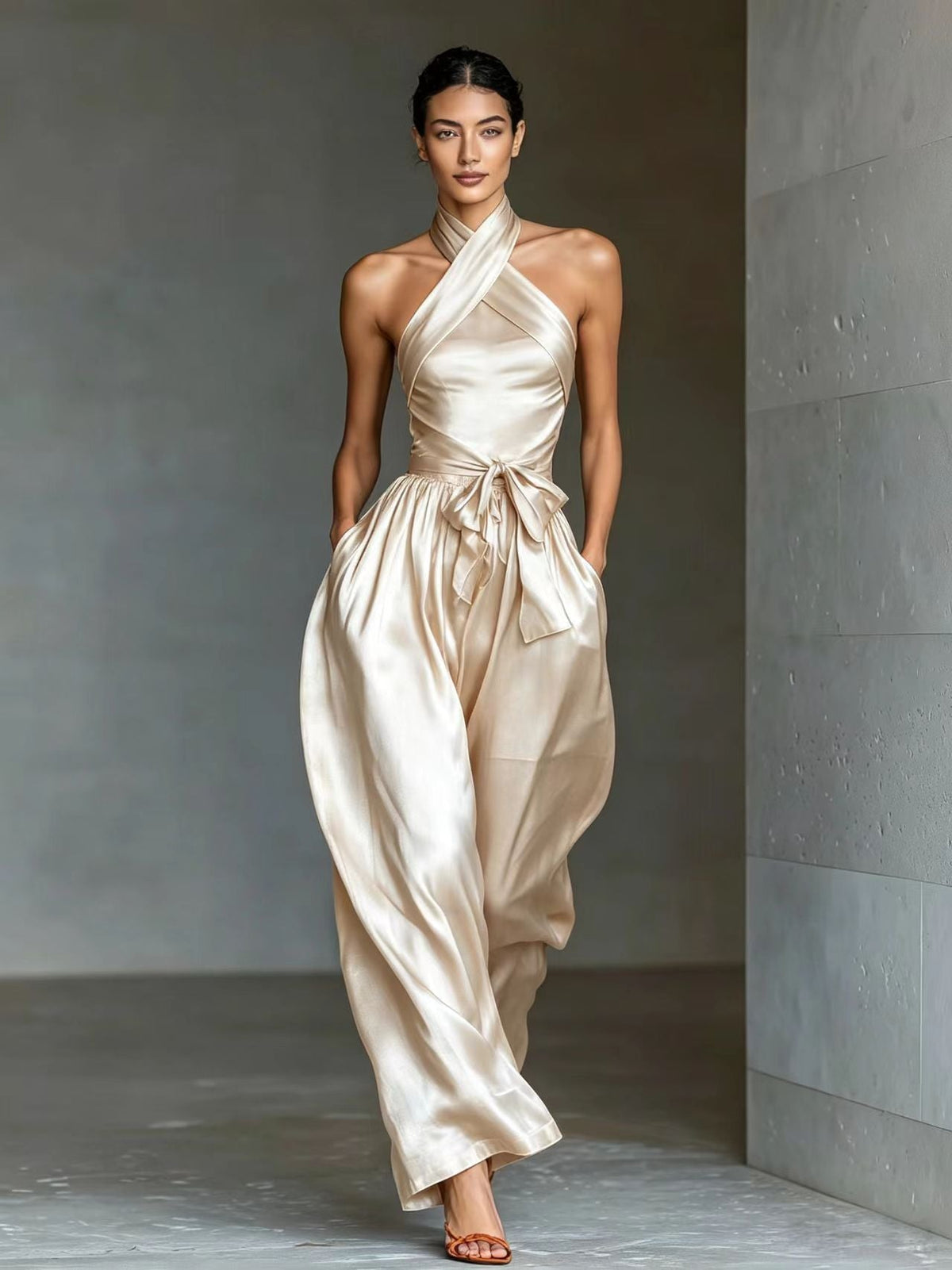 European And American Cross-border Women's Satin High-end Waist-cinching Slit Strap Solid Color Evening Dress Jumpsuit For Women