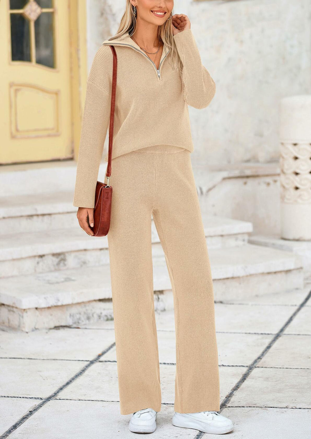 PRETTYGARDEN Womens Winter 2 Piece Sweater Set Quarter Zip Pants Beige Size XXL